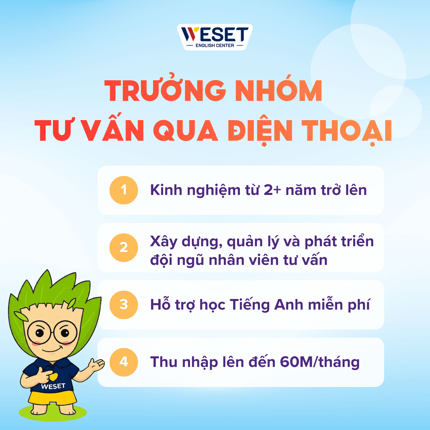 [TUYỂN DỤNG] TRƯỞNG NHÓM TƯ VẤN QUA ĐIỆN THOẠI