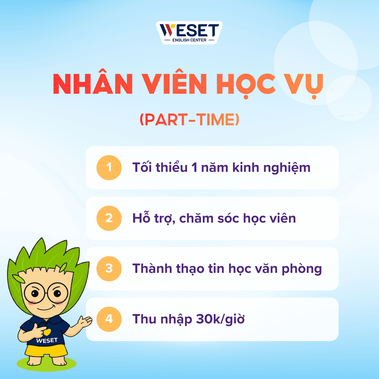[TUYỂN DỤNG] NHÂN VIÊN HỌC VỤ PART-TIME